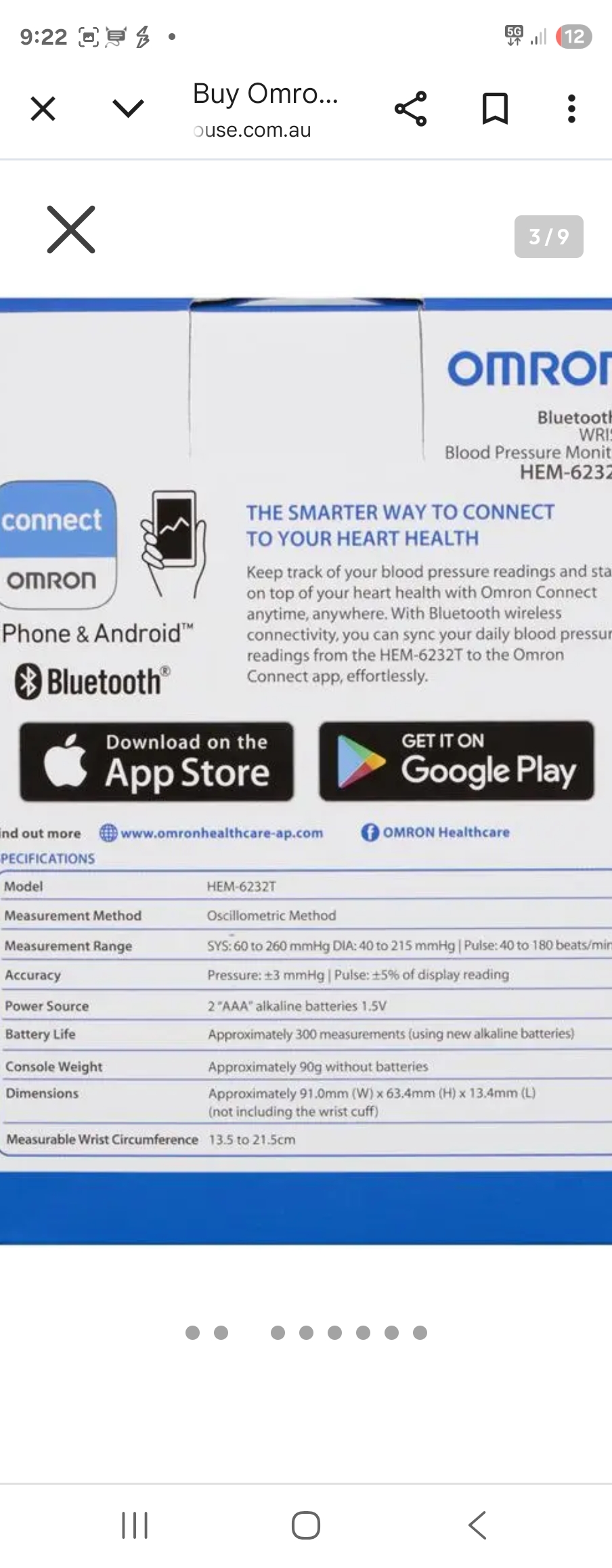 Omron HEM6232T Bluetooth Wrist Blood Pressure Monitor
