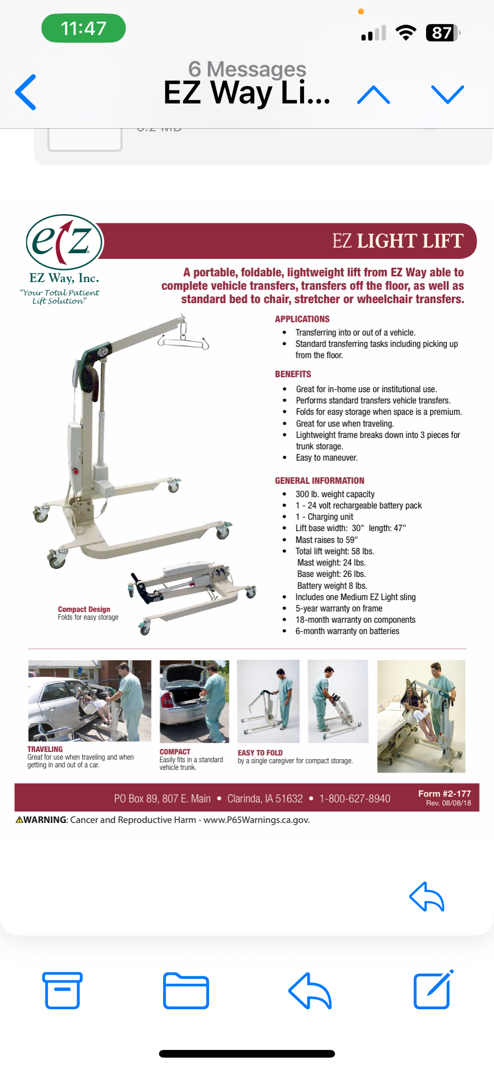 EZ Light Lift 300lb w/sling (Hoyer lift)