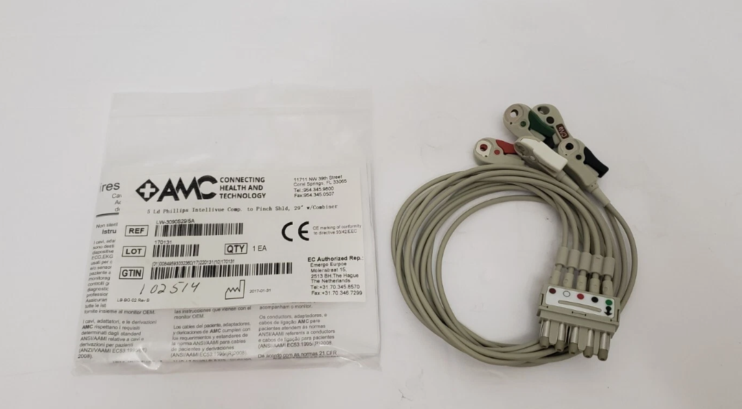 AMC LWM-3090S51/5A Compatible 5 Lead ECG Pinch Shielded Lead Cable